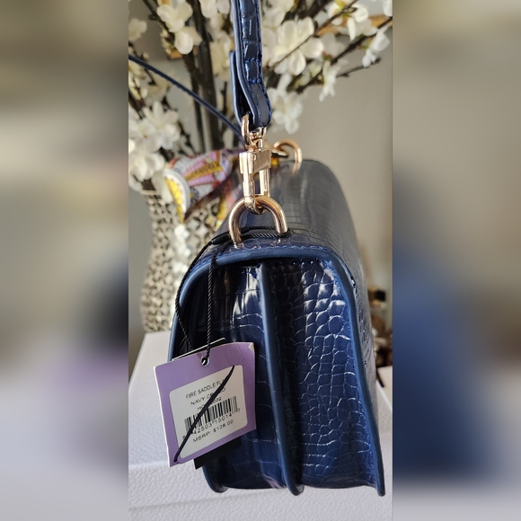 HOUSE OF WANT NYC Fire Saddle Flap Navy Croc Vegan Multistrap Bag NWT - Picture 8 of 16